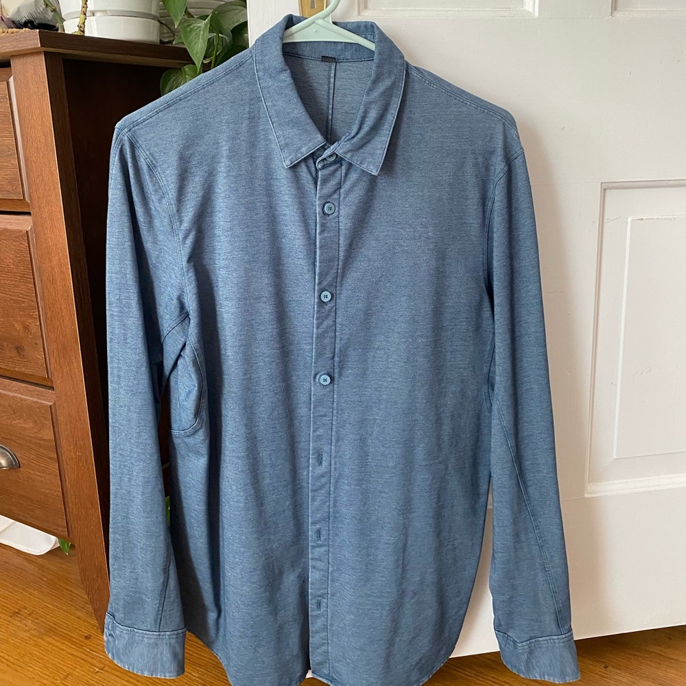 Men’s Lululemon Commission Long-Sleeve Shirt. Denim-blue color.